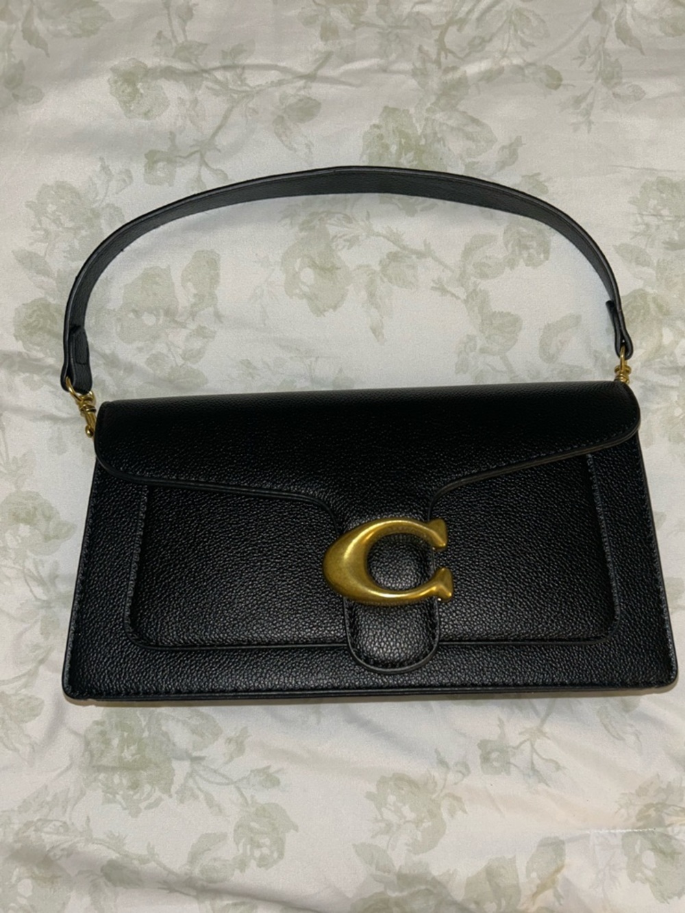 Black Leather Shoulder Bag with Gold 'C' Accent